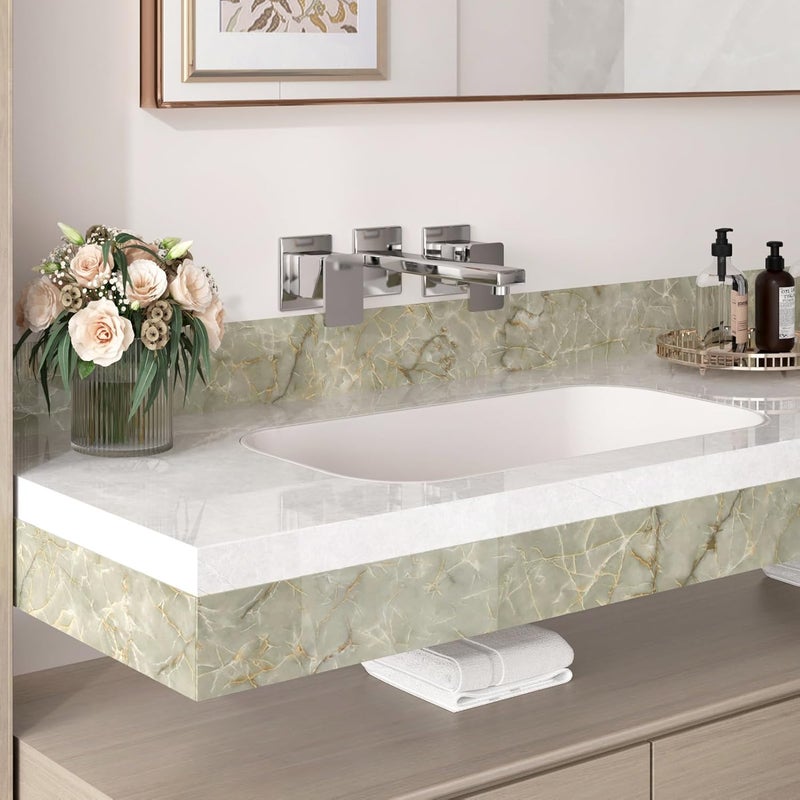 Wallercity Marble Green Wallpaper Borders for Mirror Frame Border Contact Paper for Bathroom Green Marble Frame Stickers for Wall Decor Vinyl Waterproof Peel and Stick Wallpaper Border 3.94''x197'' - Image 4